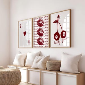 Stampa della carta Ace Of Heart / Poster dell'amore / Poster Lucky You 8 Ball / Set di 3 stampe estetiche rosse / Set di poster retrò alla moda per ragazze