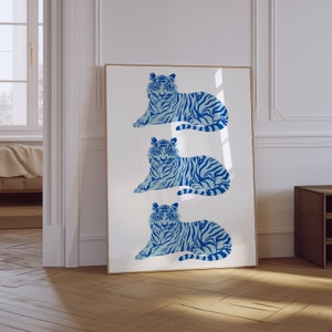 Tiger Prints | Blue Animal Print | Trendy Blue Apartment Decor | Aesthetic Room Decor | Trendy Retro Animal Poster | Coastal Wall Art