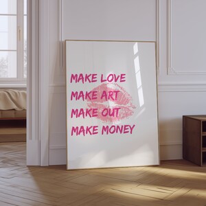 Typography Print | 70s Art | Retro Aesthetic Print | Kiss Print | Make Love Make Art Quote Print | Trendy Poster | Pink Preppy Girly Poster