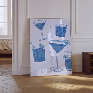Sztuka ścienna koktajlowa | Modna sztuka na wózek barowy | Minimalistyczny nadruk | Brudny nadruk Martini | Nadruk Cheers | Nadruk alkoholowy | Nadruk Coastal Blue