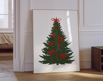 Minimalist Christmas Tree Print | Red Bow Holiday Wall Art (Digital Download)