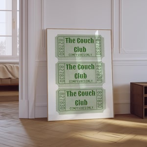 The Couch Club Print | Trendy Living Room Decor | Cute Quote Art | Aesthetic Apartment Wall Art | Trendy Retro Green Ticket Print