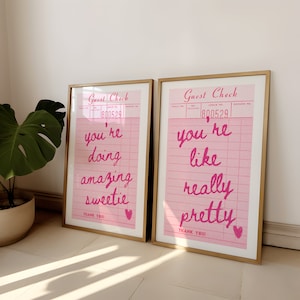 You're Like Really Pretty Guest Check Poster | Girly Preppy Priint | Pink Y2k Poster | You're Doing Amazing Sweetie Print | Set Of 2 Print