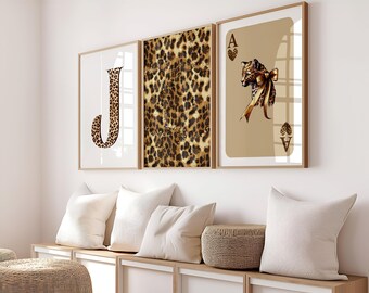 Set of 3 Leopard Wall Art | Ace of Hearts Leopard Game Card Print | Leopard J Letter Print | Leopard Pattern Poster | Girly Aesthetic Print