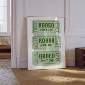 Rodeo Ticket Druck | Trendige ästhetische Cowgirl-Wand-Kunst | Western Wand Kunst | Retro Ticket Druck | Grüner Preppy Cowboy Physischer Druck