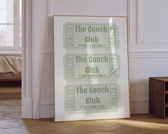 The Couch Club Print | Trendy Living Room Decor | Cute Quote Art | Aesthetic Apartment Wall Art | Retro Sage Green Ticket Physical Print