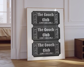 The Couch Club Print | Trendy Living Room Decor | Cute Quote Art | Aesthetic Apartment Wall Art | Trendy Retro Ticket Print