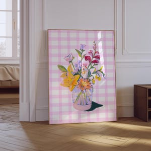 Impresión de ramo de flores / Impresión estética preppy rosa / Póster floral retro / Póster de dormitorio femenino / Arte de pared con jarrón de flores / Arte de pared floral