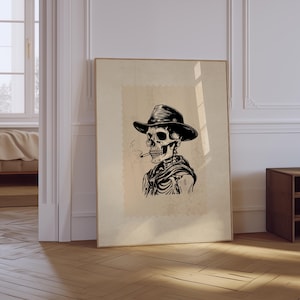 Arte de pared de esqueleto de vaquero / Impresión vintage del oeste / Impresión de vaquero con estética retro / Decoración de pared del suroeste / Impresión de esqueleto del oeste
