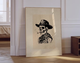 Skeleton Cowboy Wall Art | Vintage Western Print | Retro Aesthetic Cowboy Print | Southwest Wall Decor | Western Skeleton Physical Print