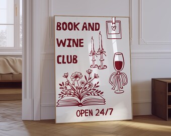 Book Club Poster | Book Lover Wall Art | Trendy Reading Print | Aesthetic Bookish Print | Wine & Books Club Print | Gift For Reading Lover