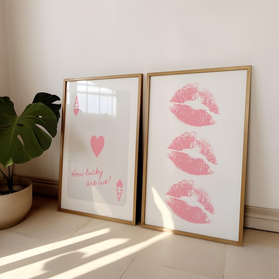 How Lucky Are We Print | Ace Of Heart Card Print | Set of 2 Pink Print | Set of 2 Kiss Print | Girly Apartment Decor | Trendy Bar Cart Art