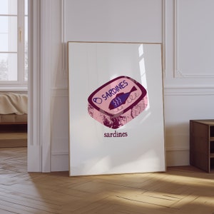 Sardinen Druck | Lebensmitteldruck | Meeresfrüchte-Druck | Sardinen Blechdruck | Retro handgezeichnetes Sardinen-Poster | Retro-Küchenposter | Rosa Küchenkunst