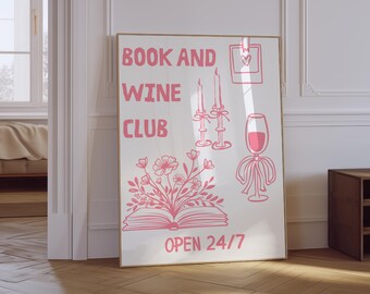 Book Club Poster | Book Lover Wall Art | Trendy Reading Print | Aesthetic Bookish Print | Wine & Books Club Print | Gift For Reading Lover