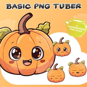 May include: Four cartoon pumpkins with cute faces. The largest pumpkin is orange with a big smile and large eyes. The smaller pumpkins are orange with closed eyes and different facial expressions. The text "4 TRANSPARENT PNG FILES" is in a green pot with a steam coming out of the top.