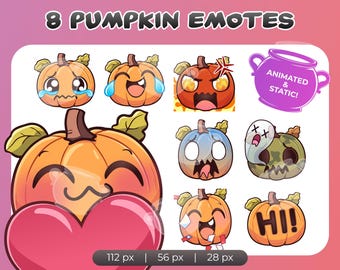 May include: A digital art graphic featuring eight pumpkin-themed emotes with various expressions. The text "8 PUMPKIN EMOTES" is at the top. The emotes include crying, laughing, angry, and a ghost. A purple cauldron is also shown. The image includes size indicators.