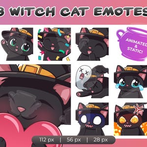 Könnte beinhalten: Das Bild zeigt acht 'Witch Cat Emotes', die jeweils eine schwarze Katze mit Hexenhut darstellen. Die Emotes zeigen verschiedene Ausdrücke, wie Winken, Konfetti und Weinen. Ein violetter Kessel mit Text ist ebenfalls enthalten.