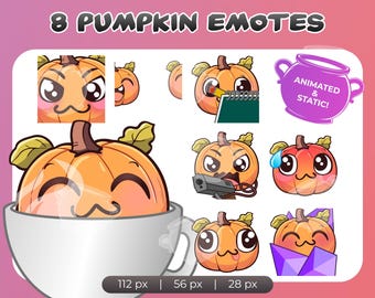 May include: A digital art graphic featuring eight pumpkin-themed emotes with various expressions. The text "8 PUMPKIN EMOTES" is at the top. A purple cauldron with the text "ANIMATED & STATIC!" is also included. The image has a pink and white background.