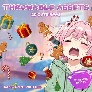 Könnte beinhalten: Digitale Illustration einer Person mit rosa Haaren, umgeben von weihnachtlichen Elementen. Das Bild enthält Geschenkboxen, Lebkuchenmänner, Zuckerstangen, Christbaumkugeln und einen Weihnachtsbaum. Der Text lautet "THROWABLE ASSETS" und "2D CUTE XMAS".