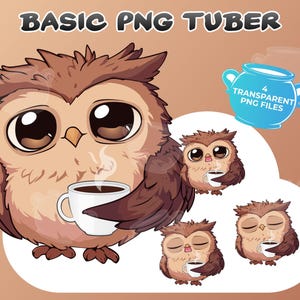 Könnte beinhalten: Vier digitale Illustrationen einer braunen Eule mit großen Augen, die eine Tasse Kaffee hält. Die Eule trägt ein braunes und weißes gemustertes Hemd. Die Illustrationen sind auf weißem Hintergrund.