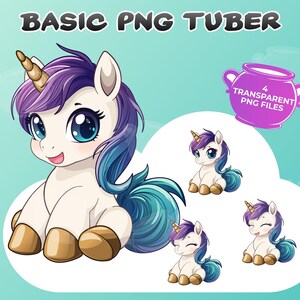 Peut inclure: Illustration de dessin animé d'une licorne blanche avec une crinière et une queue violettes et bleues, et une corne dorée. L'image comprend le texte "BASIC PNG TUBER" et un graphique indiquant 4 fichiers PNG transparents.