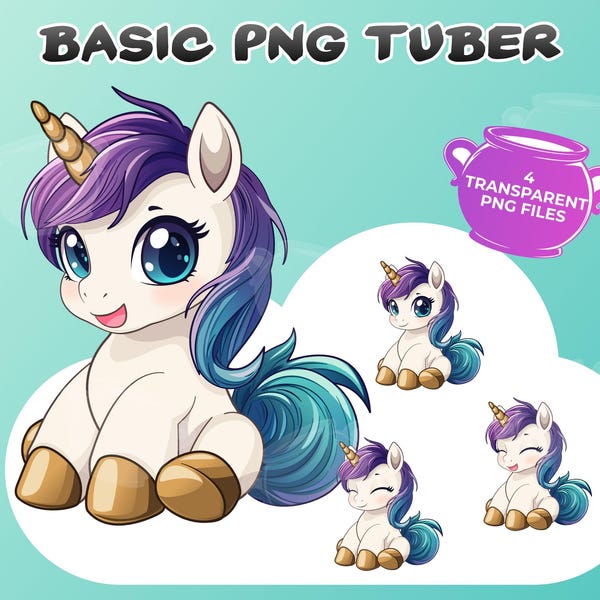 Basis PNGTuber-eenhoorn, 4 transparante png-bestanden, geanimeerde kawaii schattige eenhoorn, premade Vtuber-model, Instant Download, Twitch, YouTube, Stream