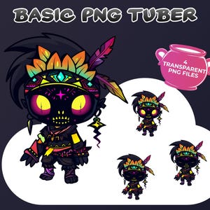May include: Illustration of a cartoon character with a headdress and tribal-inspired clothing. The character has yellow eyes and a black face. The image includes the text "BASIC PNG TUBER" and a pink graphic that says "4 TRANSPARENT PNG FILES".