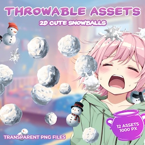 Könnte beinhalten: Anime-Illustration mit einem Mädchen mit rosa Haaren, umgeben von Schneebällen und Schneemännern. Der Text lautet "THROWABLE ASSETS" und "2D CUTE SNOWBALLS". Das Bild enthält auch den Text "TRANSPARENT PNG FILES" und "12 ASSETS 1000 PX".