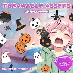 May include: Digital Halloween-themed assets featuring cartoon pumpkins, ghosts, witch hats, spiders, and a cauldron. The image includes the text "THROWABLE ASSETS 2D HALLOWEEN" and "TRANSPARENT PNG FILES". A cartoon girl with pink hair is also in the image.