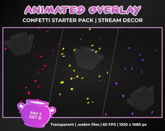 Animiertes Konfetti Alerts Starter Pack, Stream Dekoration, Follow, Abo, Twitch Bits, Stream Overlay Animation, Sofort Download, 3 für 2