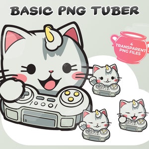 Può includere: Un gatto cartone animato con un corno di unicorno che tiene un controller per videogiochi. Il gatto è bianco con le guance rosa e un naso rosa. Il controller è grigio con pulsanti gialli. L'immagine include il testo "BASIC PNG TUBER" e "4 TRANSPARENT PNG FILES".