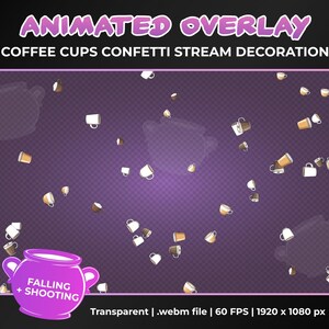 Op de afbeelding: Geanimeerde overlay met een paarse achtergrond en een stroom van koffiekopjes die over het scherm vallen en schieten. De tekst "Falling + Shooting" staat in een wit kader met een paarse rand.