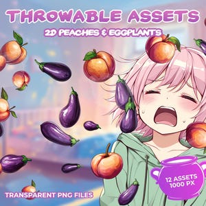 Puede incluir: Ilustración digital de melocotones y berenjenas, titulada "THROWABLE ASSETS". La imagen incluye un personaje de dibujos animados con pelo rosa y una sudadera con capucha verde. El texto indica 12 activos a 1000 px, archivos PNG transparentes.