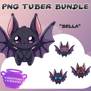 May include: A digital illustration of a cute cartoon bat with purple wings. The bat has large eyes and a small mouth. The bat is labelled "Bella" and is surrounded by a purple cloud. The image also includes a purple cauldron with the text "4 Emotions + 6 Emotes".