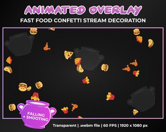 May include: Animated overlay with a black background and a variety of fast food items falling from the top of the screen. The items include hamburgers, french fries, pizza slices, chicken drumsticks, and tacos. The text "FALLING + SHOOTING" is displayed in a purple box at the bottom of the screen. The text "Transparent | .webm file | 60 FPS | 1920 x 1080 px" is displayed at the bottom of the screen.