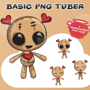 Könnte beinhalten: Vier digitale Illustrationen einer braunen Voodoo-Puppe mit roten Herzen und einem angenähten Herzen. Die Puppe hat einen angenähten Mund und Augen. Die Illustrationen befinden sich auf einem weißen Hintergrund mit einer Wolkenform um die Hauptpuppe.