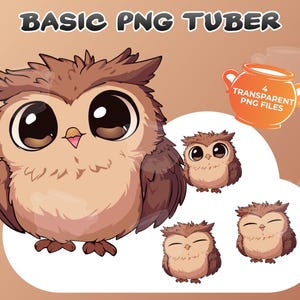 Peut inclure: Quatre illustrations numériques de hiboux bruns aux grands yeux. Les hiboux ont des expressions différentes, notamment une expression joyeuse, surprise et endormie. Les illustrations sont sur un fond blanc.