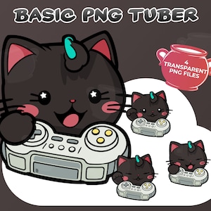 Könnte beinhalten: Eine schwarze Katze mit einer rosa Nase und einem blauen Einhornhorn hält einen grauen Videospiel-Controller. Die Katze lächelt und hat große, funkelnde Augen. Das Bild enthält den Text "BASIC PNG TUBER" und "4 TRANSPARENT PNG FILES".