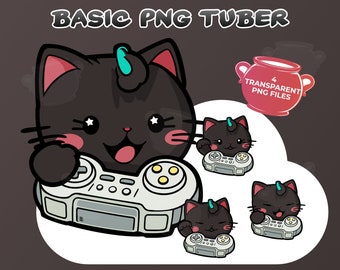 Basic PNGTuber Gamer Cat, 4 transparent PNG, Animated Kawaii Black Cat Gaming, Premade Vtuber Model, Instant Download, Twitch YouTube Stream