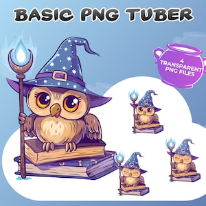 May include: A cartoon owl wearing a blue and purple wizard hat with stars, holding a magic wand with a blue flame. The owl is sitting on a stack of books. There are four transparent PNG files.