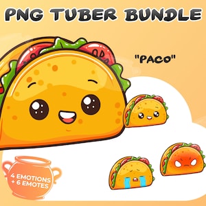 Könnte beinhalten: Ein Cartoon-Taco mit einem lächelnden Gesicht, beschriftet mit "Paco". Der Taco hat vier verschiedene Ausdrücke, darunter glücklich, traurig, wütend und neutral. Das Bild enthält den Text "4 EMOTIONS + 6 EMOTES".