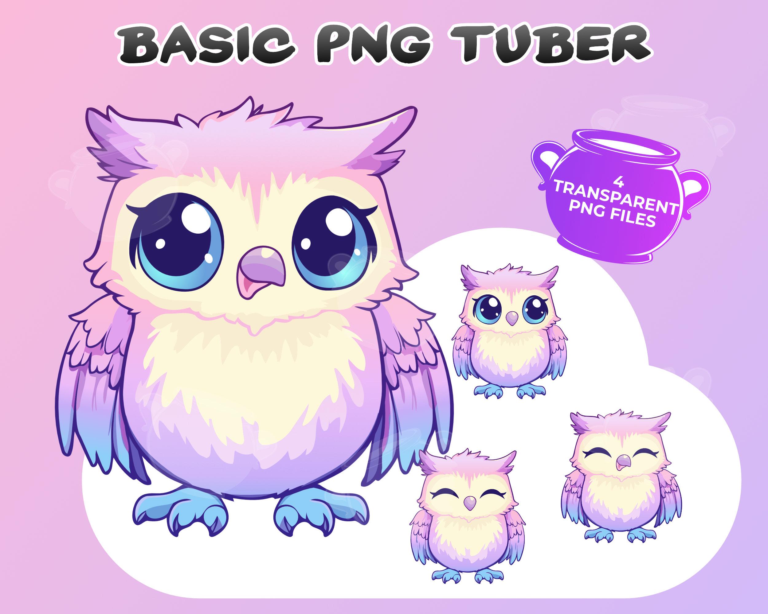Basic PNGTuber Owl, 4 transparent PNGs, Animated Kawaii Cute Pink Owl, Premade Vtuber Model, Instant