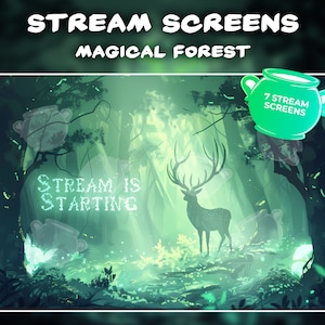 アニメーション化された輝く魔法の森のストリーム画面、ストリーミングシーン、開始、終了、BRB、Twitch YouTube ストリーム パック、即時ダウンロード
