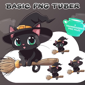 Könnte beinhalten: Cartoon-Illustration einer schwarzen Katze mit Hexenhut, die auf einem Besen reitet. Die Katze hat große grüne Augen und lächelt. Das Bild enthält den Text "BASIC PNG TUBER" und eine Grafik eines Kessels mit dem Text "4 TRANSPARENT PNG FILES".