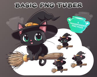 Basic PNGTuber Witch Cat, 4 transparent PNGs, Animated Kawaii Halloween Cat, Premade Vtuber Model, Instant Download, Twitch, YouTube, Stream
