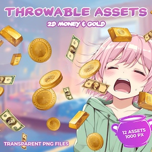 May include: An anime-style illustration featuring a character surrounded by gold coins, bars, and dollar bills. The text reads "THROWABLE ASSETS 2D MONEY & GOLD" and "TRANSPARENT PNG FILES". A purple pot with the text "12 ASSETS 1000 PX" is also present.