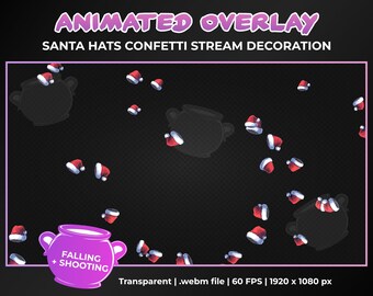 Superposición de decoración animada de confeti con gorros de Papá Noel, animación transparente de lluvia de confeti y cañón, descarga instantánea, Twitch, YouTube
