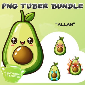 May include: A digital art bundle featuring a cartoon avocado character with various emotions. The main avocado has a smiling face, while smaller versions display expressions like blushing, crying, and anger. Text includes "PNG TUBER BUNDLE", "ALLAN", and "4 EMOTIONS + 6 EMOTES".