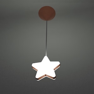 Peut inclure: Un luminaire suspendu en forme d'étoile blanche est suspendu au plafond avec une rosace circulaire brune.