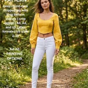 Deep round-neck cropped top with long balloon sleeves | crop design | A0, A4, and US Letter formats | US sizes 2–30